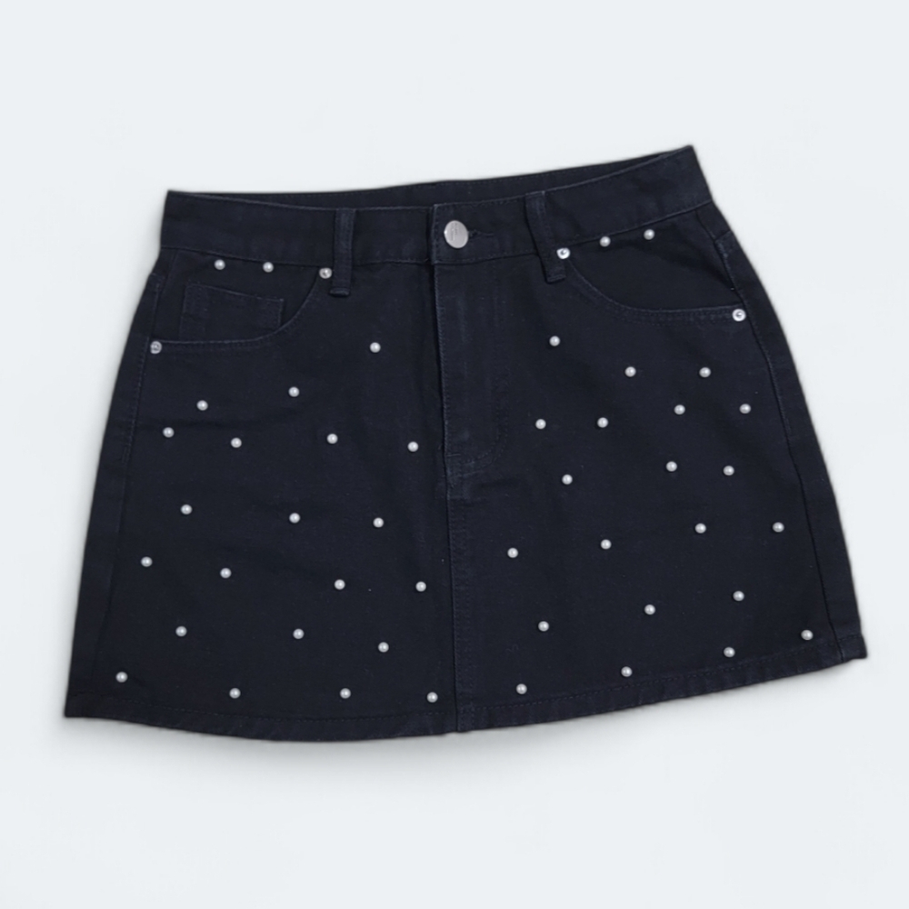 Shein Black Denim Mini Jeans Skirt with Pearls Size Small
